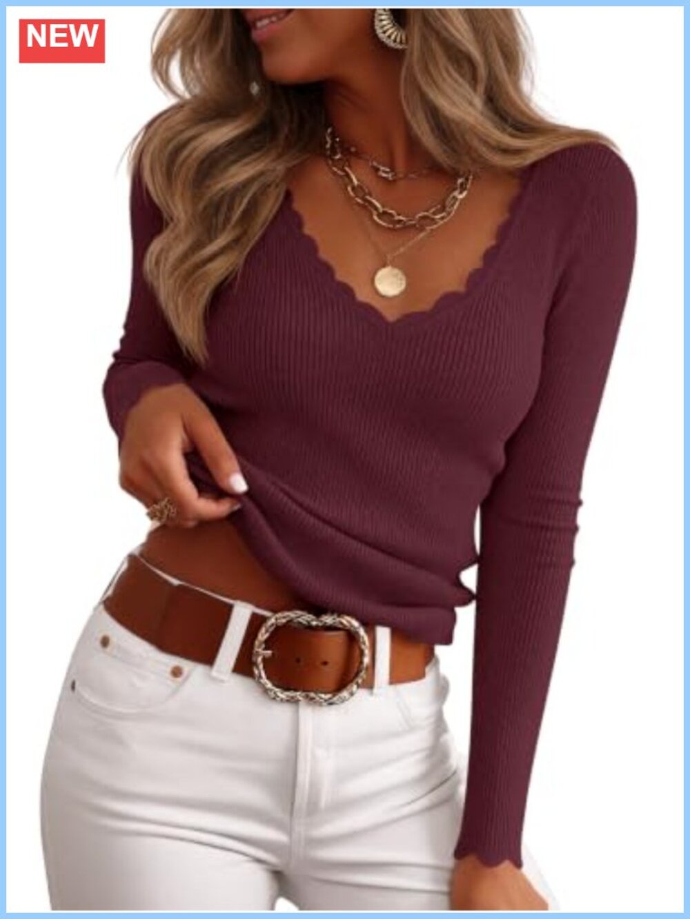Scalloped V Neck Ribbed Knit Sweater Slimming Long Sleeve Top